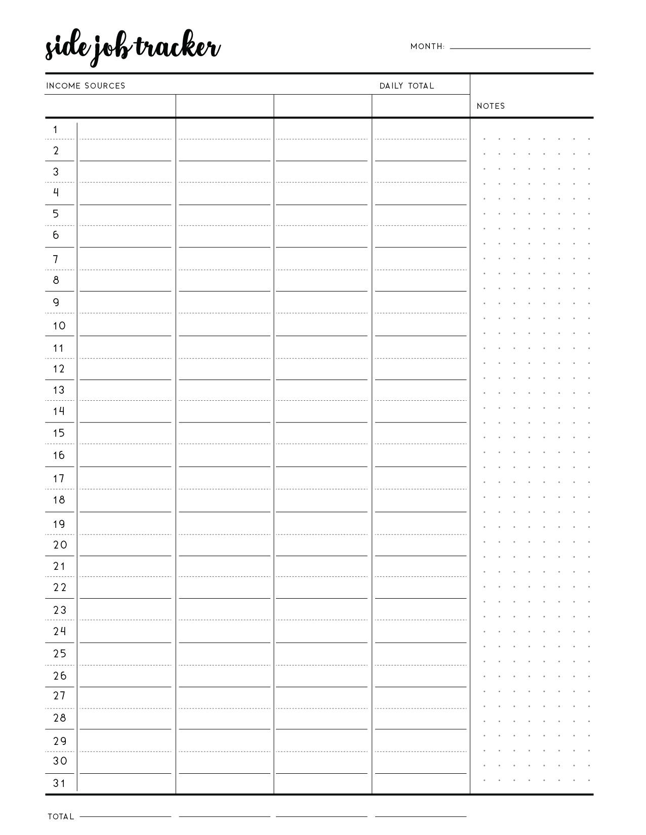free printable side hustle income tracker template